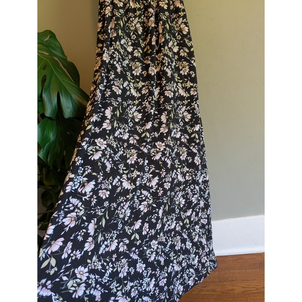 Forever 21 Black Floral Chiffon Maxi Dress Elastic Waist Size M Dark Floral Boho - Picture 4 of 11